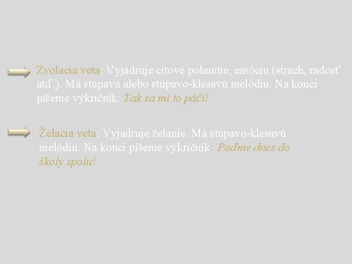 Zvolacia veta: Vyjadruje citové pohnutie, emóciu (strach, radosť atď. ). Má stúpavú alebo stúpavo-klesavú