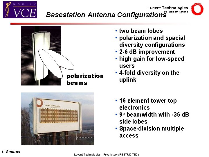 Lucent Technologies Bell Labs Innovations Basestation Antenna Configurations polarization beams • two beam lobes