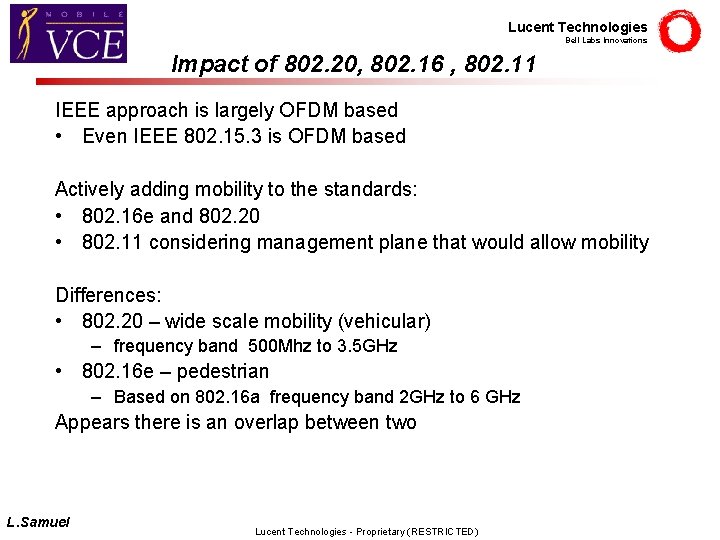 Lucent Technologies Bell Labs Innovations Impact of 802. 20, 802. 16 , 802. 11