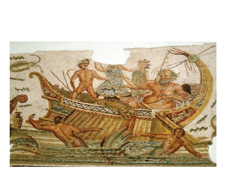 Dioniso convierte a los piratas en delfines. Mosaico, en el Museo del Bardo. Túnez.