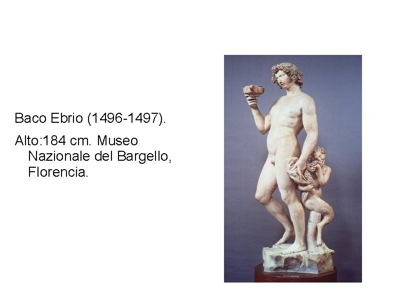 Baco ebrio Baco Ebrio (1496 -1497). Alto: 184 cm. Museo Nazionale del Bargello, Florencia.