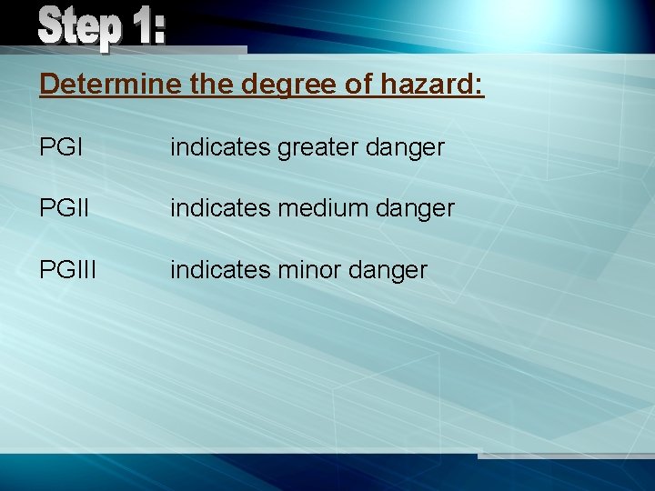 Determine the degree of hazard: PGI indicates greater danger PGII indicates medium danger PGIII