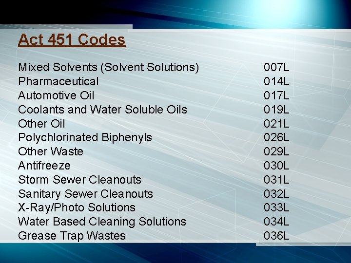 Act 451 Codes Mixed Solvents (Solvent Solutions) Pharmaceutical Automotive Oil Coolants and Water Soluble