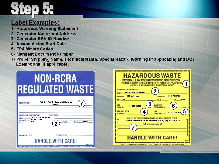 Label Examples: 1 - Hazardous Warning Statement 2 - Generator Name and Address 3