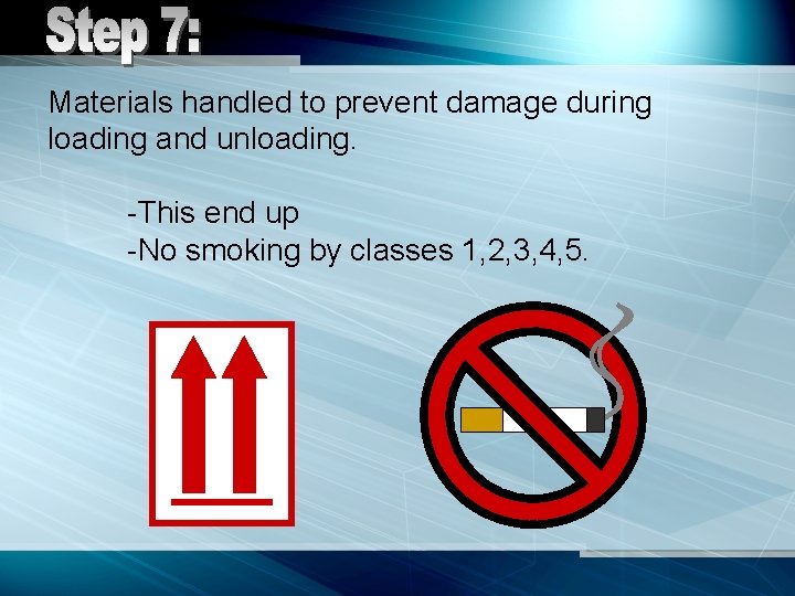 Materials handled to prevent damage during loading and unloading. -This end up -No smoking