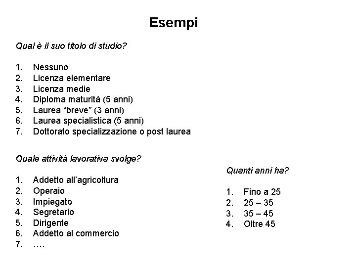 Esempi Qual è il suo titolo di studio? 1. 2. 3. 4. 5. 6.