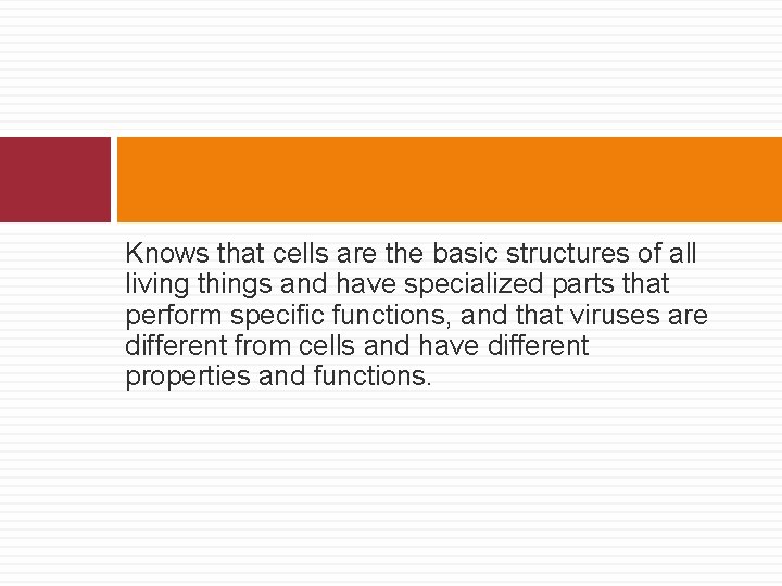 Knows that cells are the basic structures of all living things and have specialized