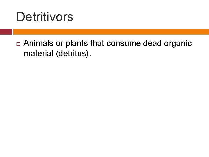 Detritivors Animals or plants that consume dead organic material (detritus). 