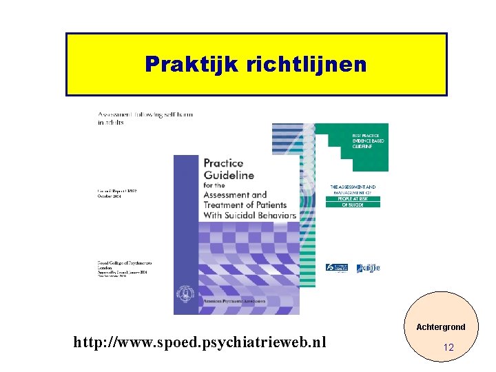 Praktijk richtlijnen Achtergrond http: //www. spoed. psychiatrieweb. nl 12 