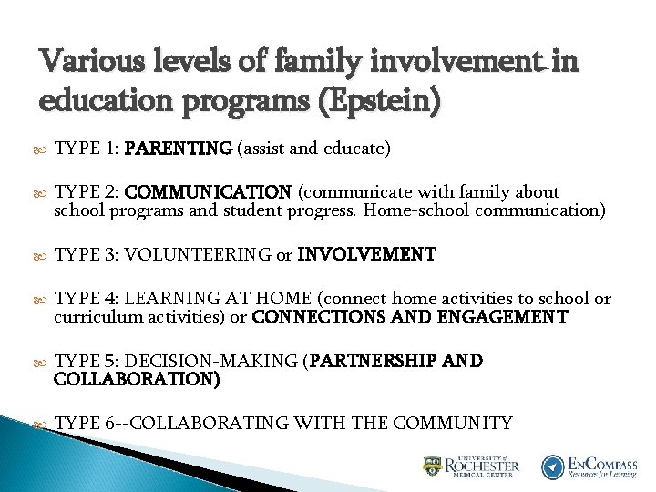 Various levels of family involvement in education programs (Epstein) TYPE 1: PARENTING (assist and