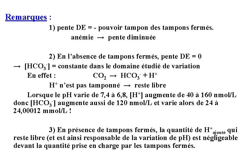 Remarques : 1) pente DE = - pouvoir tampon des tampons fermés. anémie →