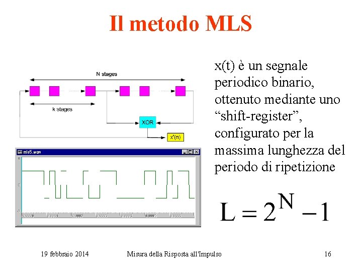 Il metodo MLS • 19 febbraio 2014 x(t) è un segnale periodico binario, ottenuto