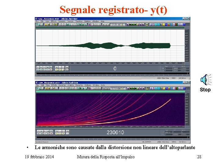 Segnale registrato- y(t) Stop • Le armoniche sono causate dalla distorsione non lineare dell’altoparlante