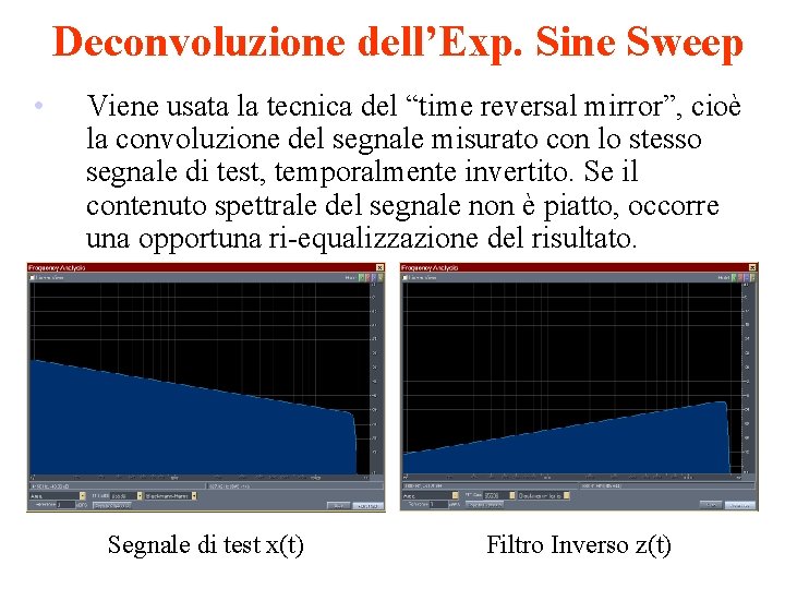 Deconvoluzione dell’Exp. Sine Sweep • Viene usata la tecnica del “time reversal mirror”, cioè