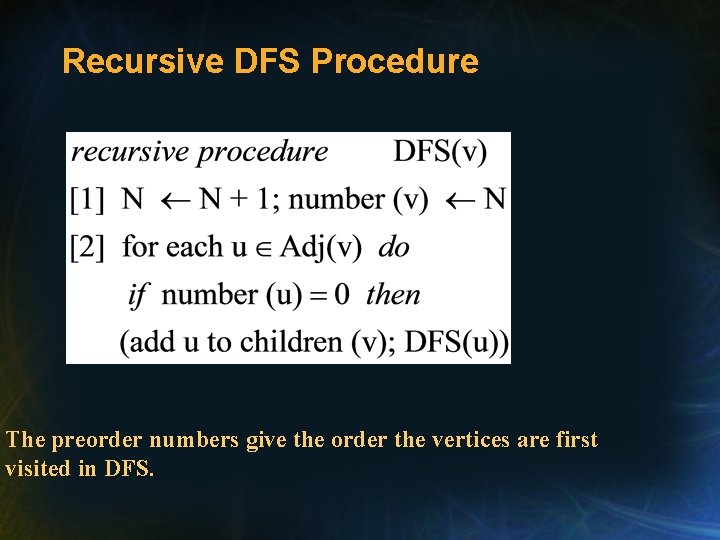 Recursive DFS Procedure The preorder numbers give the order the vertices are first visited Recursive DFS Procedure The preorder numbers give the order the vertices are first visited