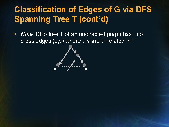 Classification of Edges of G via DFS Spanning Tree T (cont’d) • Note DFS Classification of Edges of G via DFS Spanning Tree T (cont’d) • Note DFS