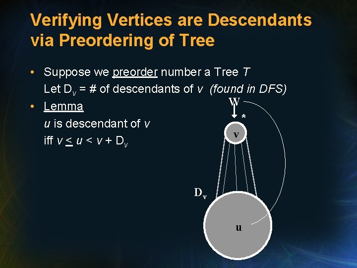 Verifying Vertices are Descendants via Preordering of Tree • Suppose we preorder number a Verifying Vertices are Descendants via Preordering of Tree • Suppose we preorder number a