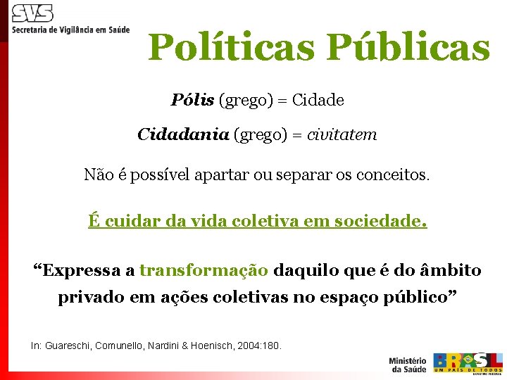 Políticas Públicas Pólis (grego) = Cidade Cidadania (grego) = civitatem Não é possível apartar