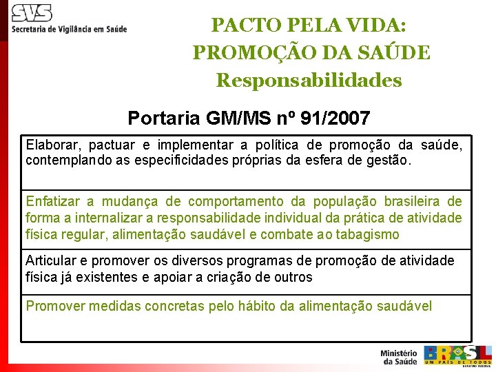 PACTO PELA VIDA: PROMOÇÃO DA SAÚDE Responsabilidades Portaria GM/MS nº 91/2007 Elaborar, pactuar e