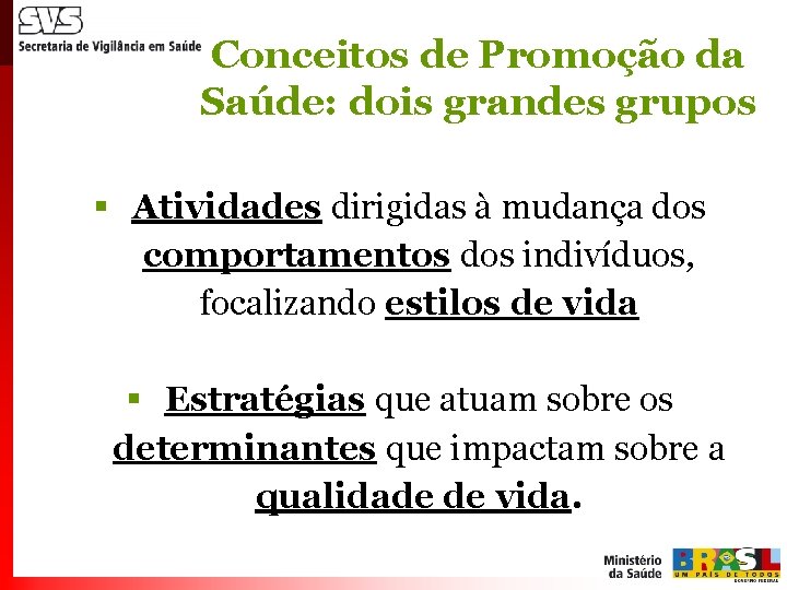 Conceitos de Promoção da Saúde: dois grandes grupos § Atividades dirigidas à mudança dos