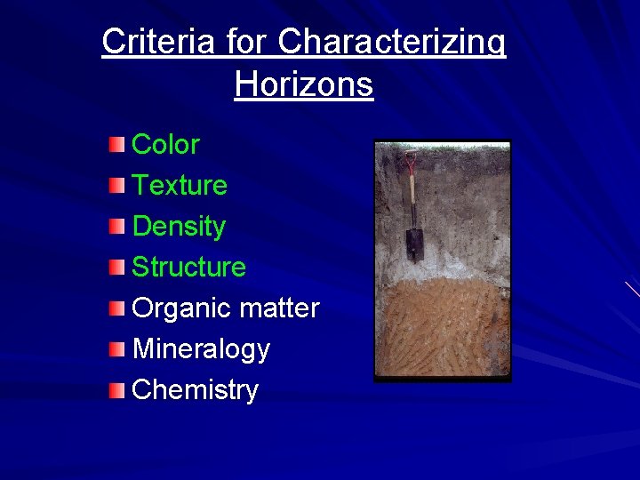 Criteria for Characterizing Horizons Color Texture Density Structure Organic matter Mineralogy Chemistry 
