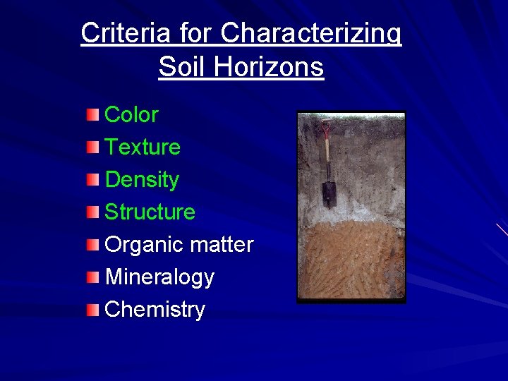 Criteria for Characterizing Soil Horizons Color Texture Density Structure Organic matter Mineralogy Chemistry 