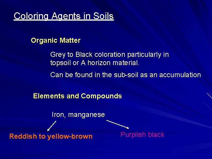 Coloring Agents in Soils Organic Matter Grey to Black coloration particularly in topsoil or