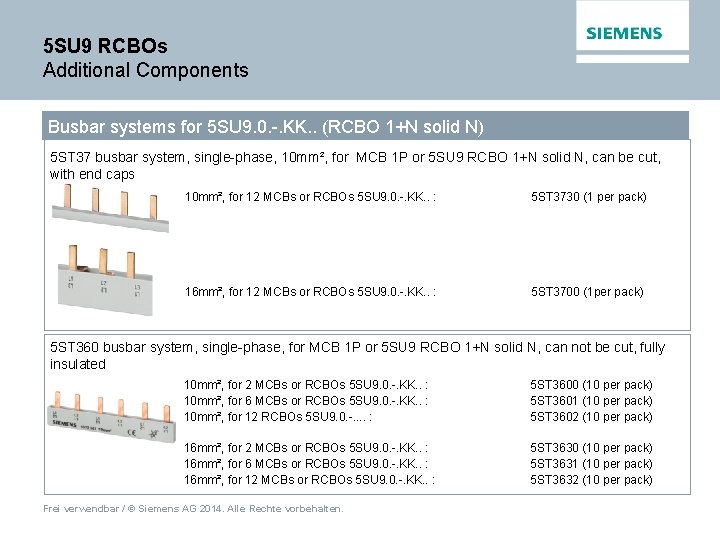 5 SU 9 RCBOs Additional Components Busbar systems for 5 SU 9. 0. -.