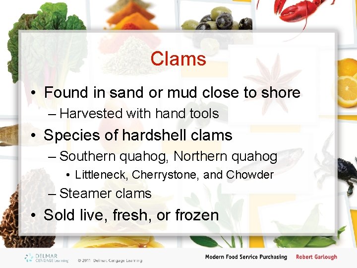 Clams • Found in sand or mud close to shore – Harvested with hand