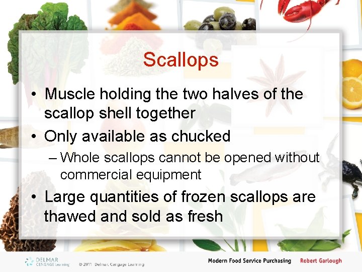 Scallops • Muscle holding the two halves of the scallop shell together • Only