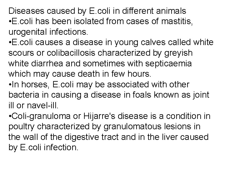 Diseases caused by E. coli in different animals • E. coli has been isolated Diseases caused by E. coli in different animals • E. coli has been isolated