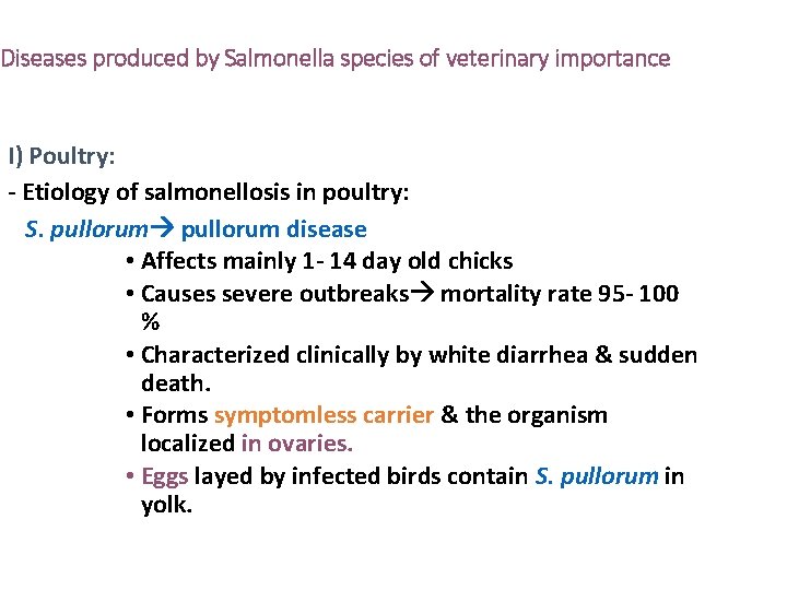 Diseases produced by Salmonella species of veterinary importance I) Poultry: - Etiology of salmonellosis Diseases produced by Salmonella species of veterinary importance I) Poultry: - Etiology of salmonellosis