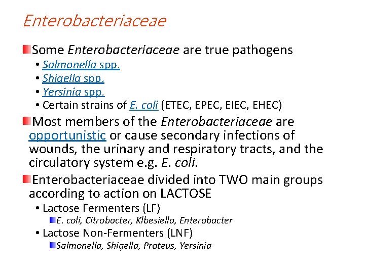 Enterobacteriaceae Some Enterobacteriaceae are true pathogens • Salmonella spp. • Shigella spp. • Yersinia Enterobacteriaceae Some Enterobacteriaceae are true pathogens • Salmonella spp. • Shigella spp. • Yersinia