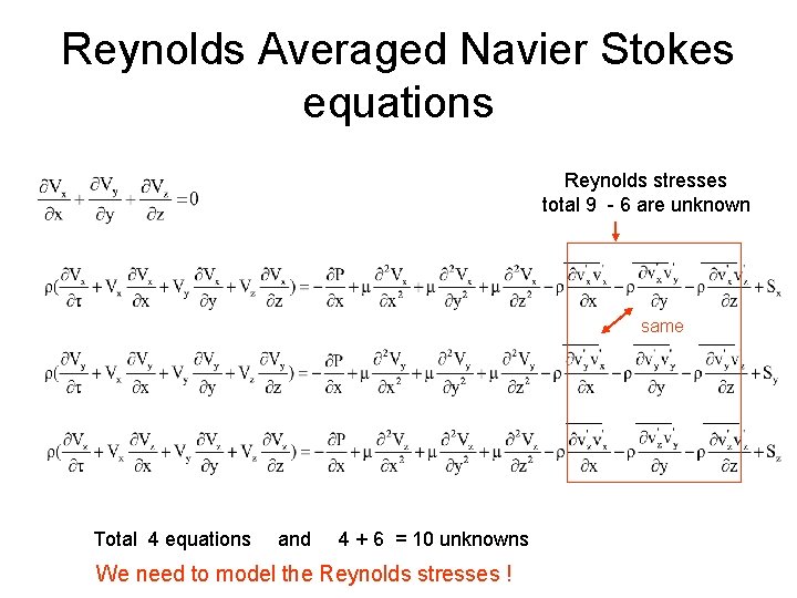Reynolds Averaged Navier Stokes equations Reynolds stresses total 9 - 6 are unknown same
