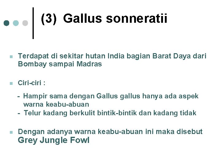 (3) Gallus sonneratii n Terdapat di sekitar hutan India bagian Barat Daya dari Bombay