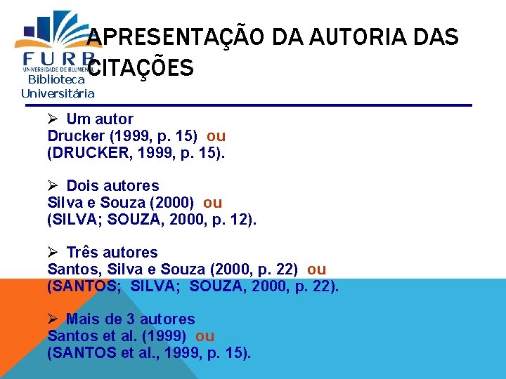 APRESENTAÇÃO DA AUTORIA DAS CITAÇÕES Biblioteca Universitária Ø Um autor Drucker (1999, p. 15)