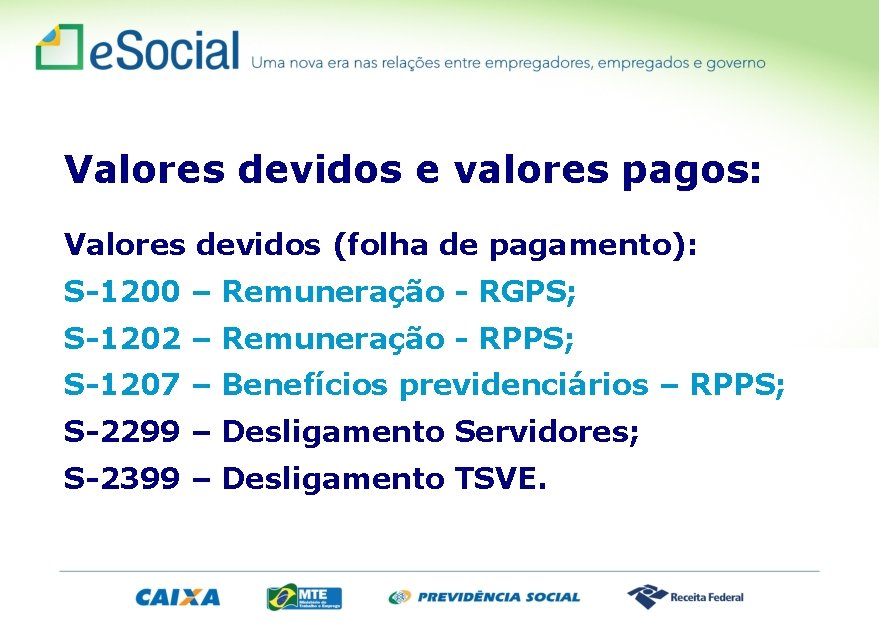 Valores devidos e valores pagos: Valores devidos (folha de pagamento): S-1200 – Remuneração -