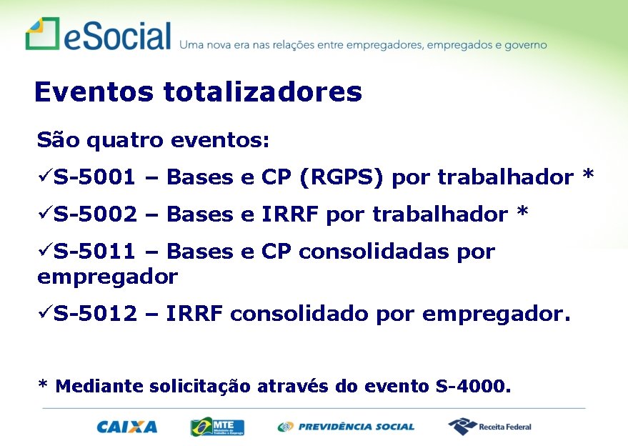 Eventos totalizadores São quatro eventos: üS-5001 – Bases e CP (RGPS) por trabalhador *