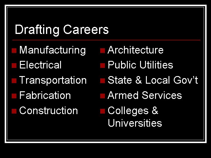 Drafting Careers n Manufacturing n Architecture n Electrical n Public n Transportation n Fabrication