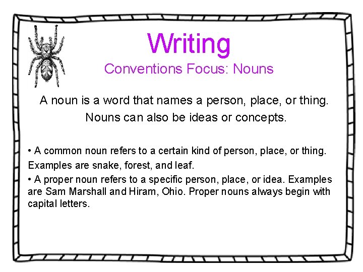 Writing Conventions Focus: Nouns A noun is a word that names a person, place,