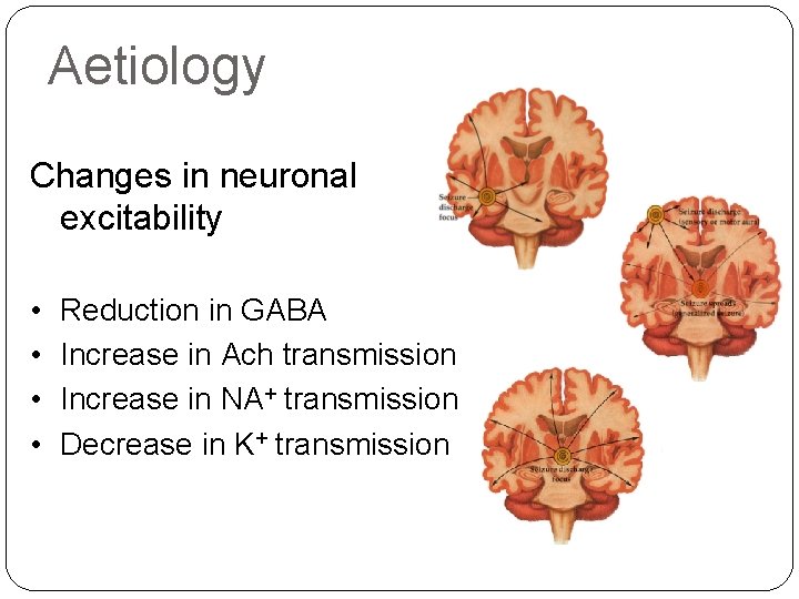 Aetiology Changes in neuronal excitability • • Reduction in GABA Increase in Ach transmission