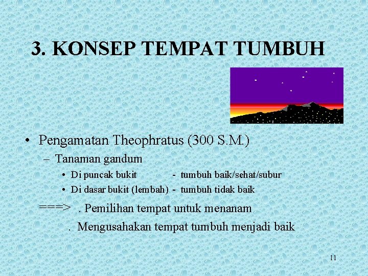 3. KONSEP TEMPAT TUMBUH • Pengamatan Theophratus (300 S. M. ) – Tanaman gandum