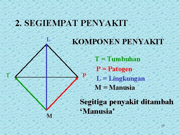 2. SEGIEMPAT PENYAKIT L T KOMPONEN PENYAKIT P M T = Tumbuhan P =