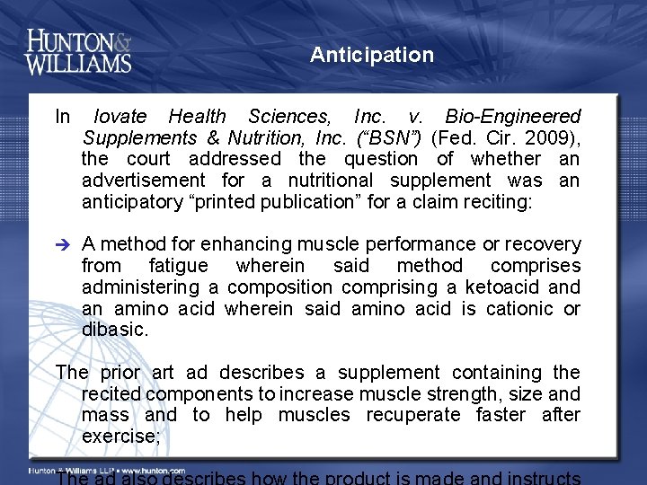 Anticipation In Iovate Health Sciences, Inc. v. Bio-Engineered Supplements & Nutrition, Inc. (“BSN”) (Fed.