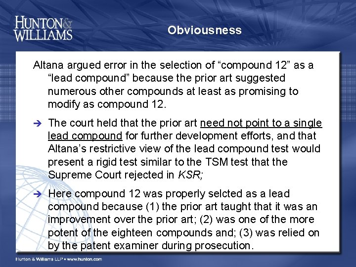 Obviousness Altana argued error in the selection of “compound 12” as a “lead compound”