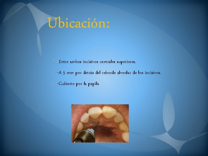 Ubicación: -Entre ambos incisivos centrales superiores. -A 5 mm por detrás del reborde alveolar