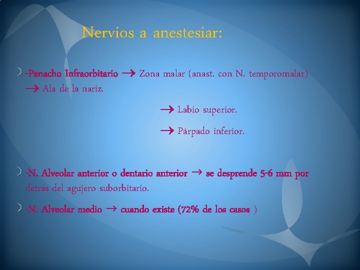 Nervios a anestesiar: -Penacho Infraorbitario Zona malar (anast. con N. temporomalar) Ala de la