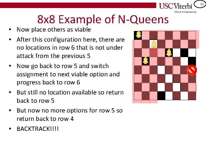 11 8 x 8 Example of N-Queens • Now place others as viable •