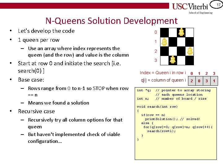 17 N-Queens Solution Development i • Let's develop the code • 1 queen per