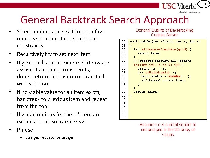 22 General Backtrack Search Approach • Select an item and set it to one